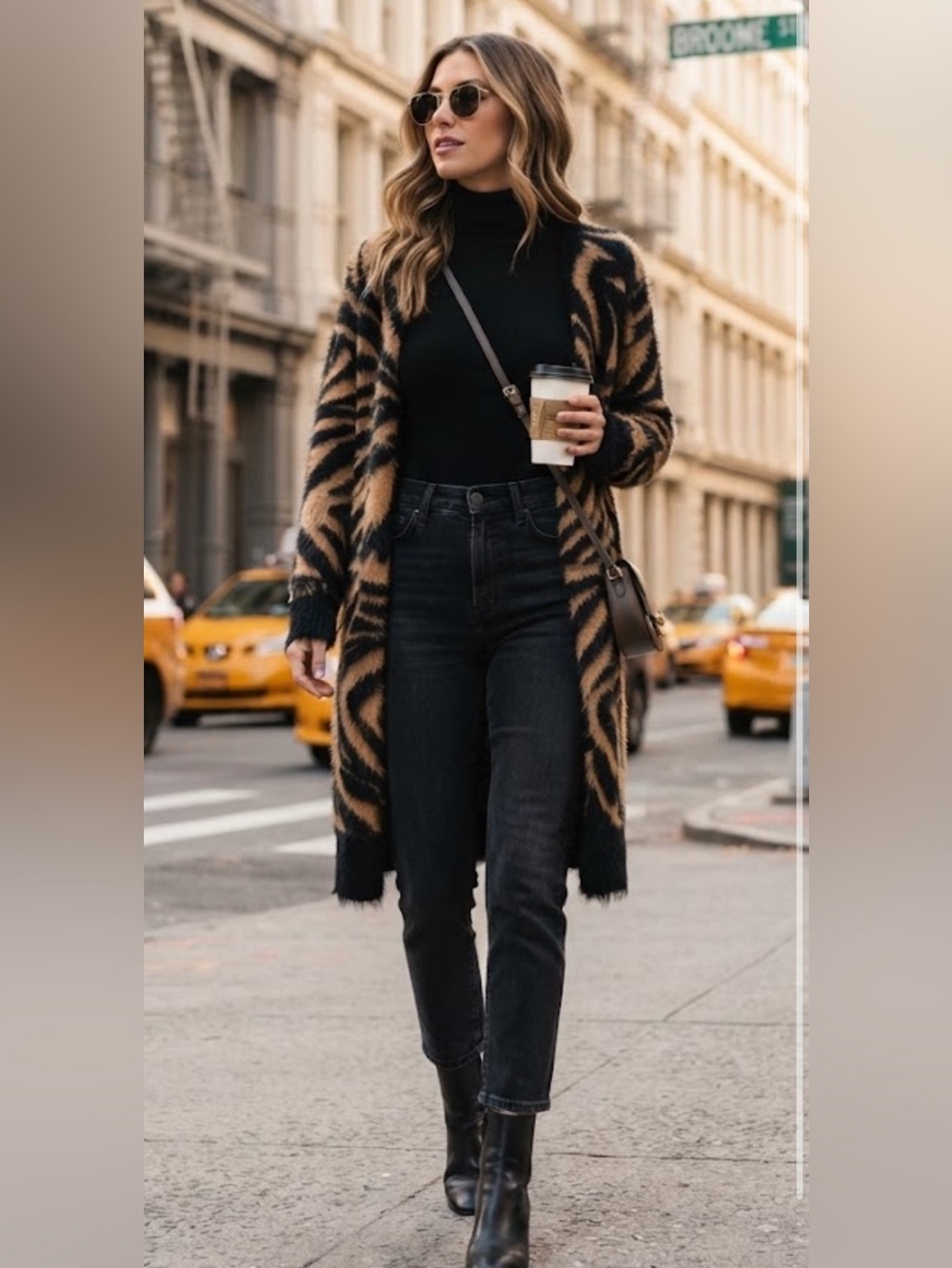 Faux-Fur Animal Print Open Front Cardigan - Black & Tan (no size tag)